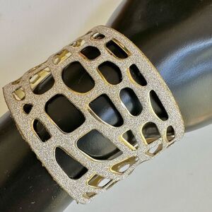 Silver gold tone wide cut out open cuff bracelet
